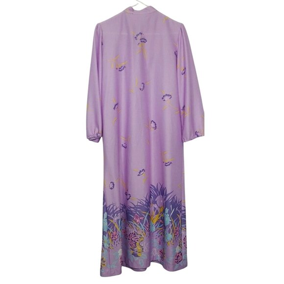 Vintage 1970s Floral Print Robe House Dress Zip Front Medium Purple Border Print - Picture 2 of 5